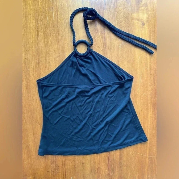 Moda International Black Halter Top Braided‎ Adjustable Neck Tie Sexy Medium EUC - Picture 2 of 8